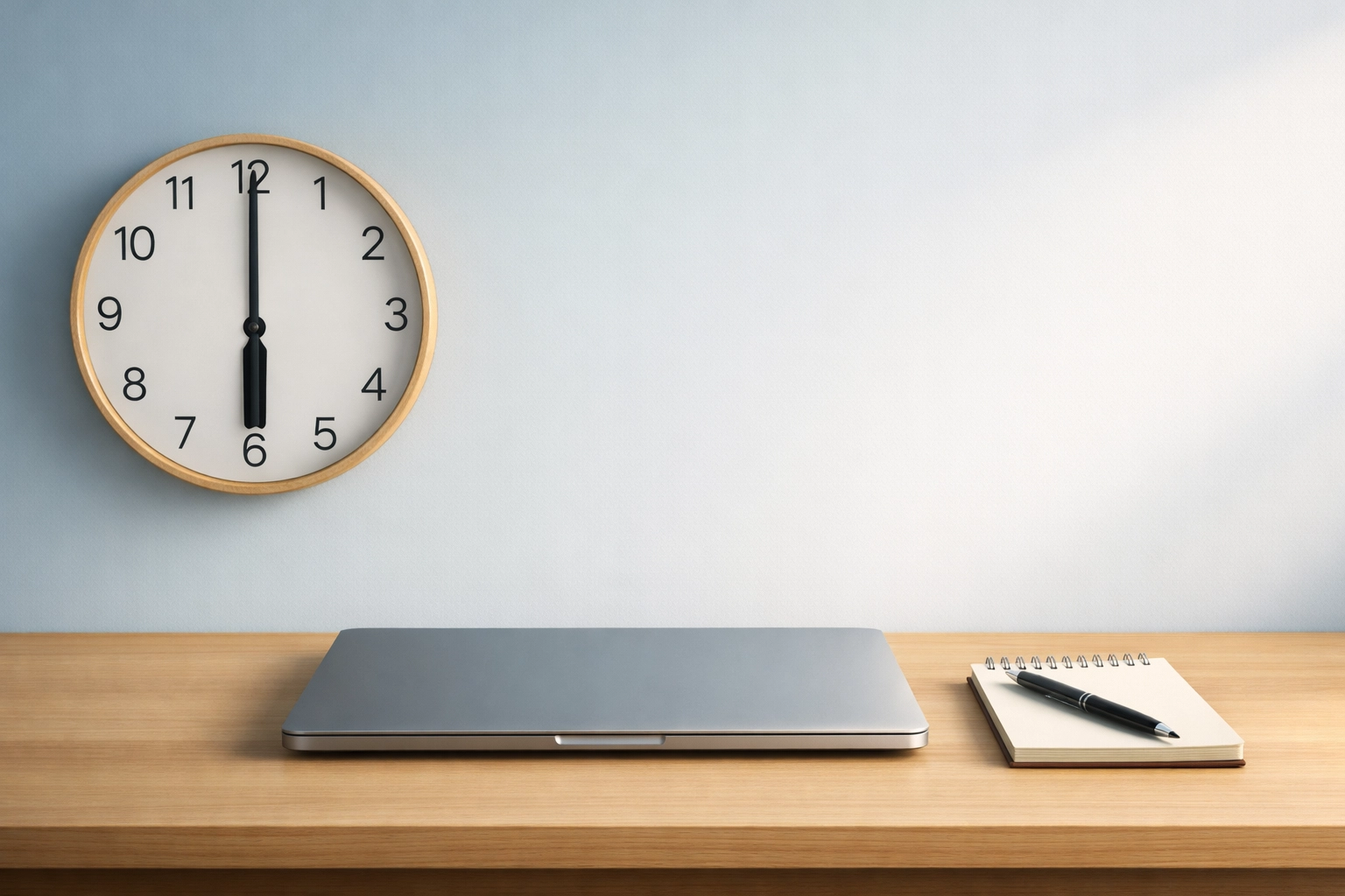 Clock showing 6 PM on desk symbolizing scheduled 5-minute evening news briefing time