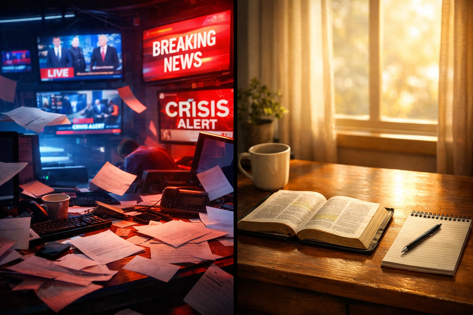 Chaotic biased newsroom contrasted with peaceful truth-centered journalism workspace