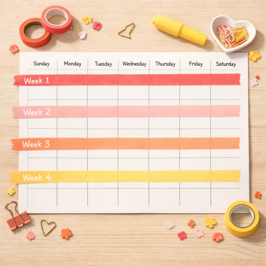 Monthly content calendar with four weeks marked showing social media posting schedule
