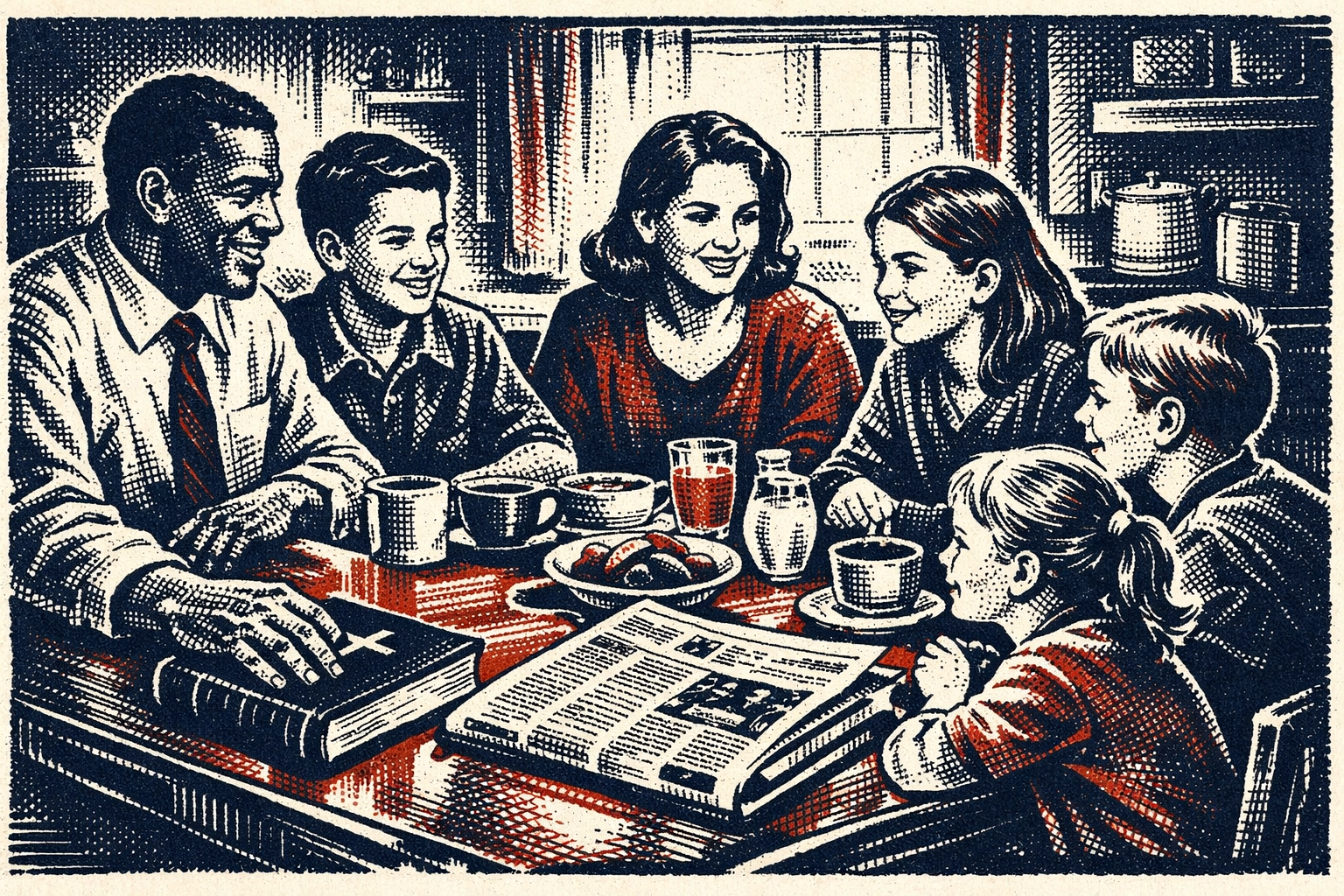 Family gathered at breakfast table discussing news with Bible showing faith-based media habits