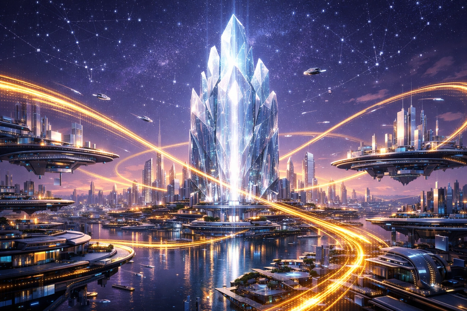 Global digital economy in a futuristic metaverse city powered by Larecoin AI payment infrastructure.