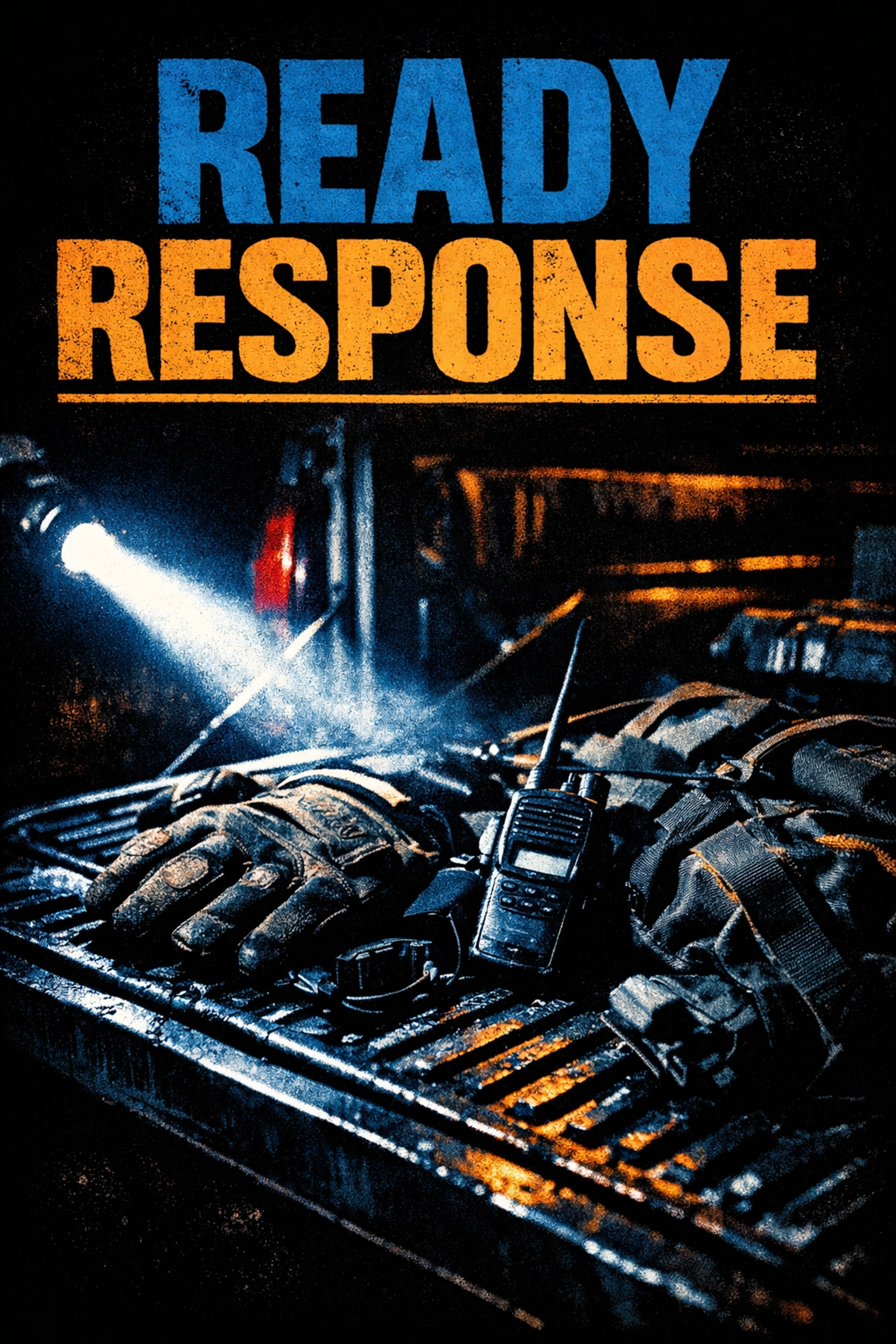 First responder emergency gear and tactical equipment scattered on truck tailgate at night