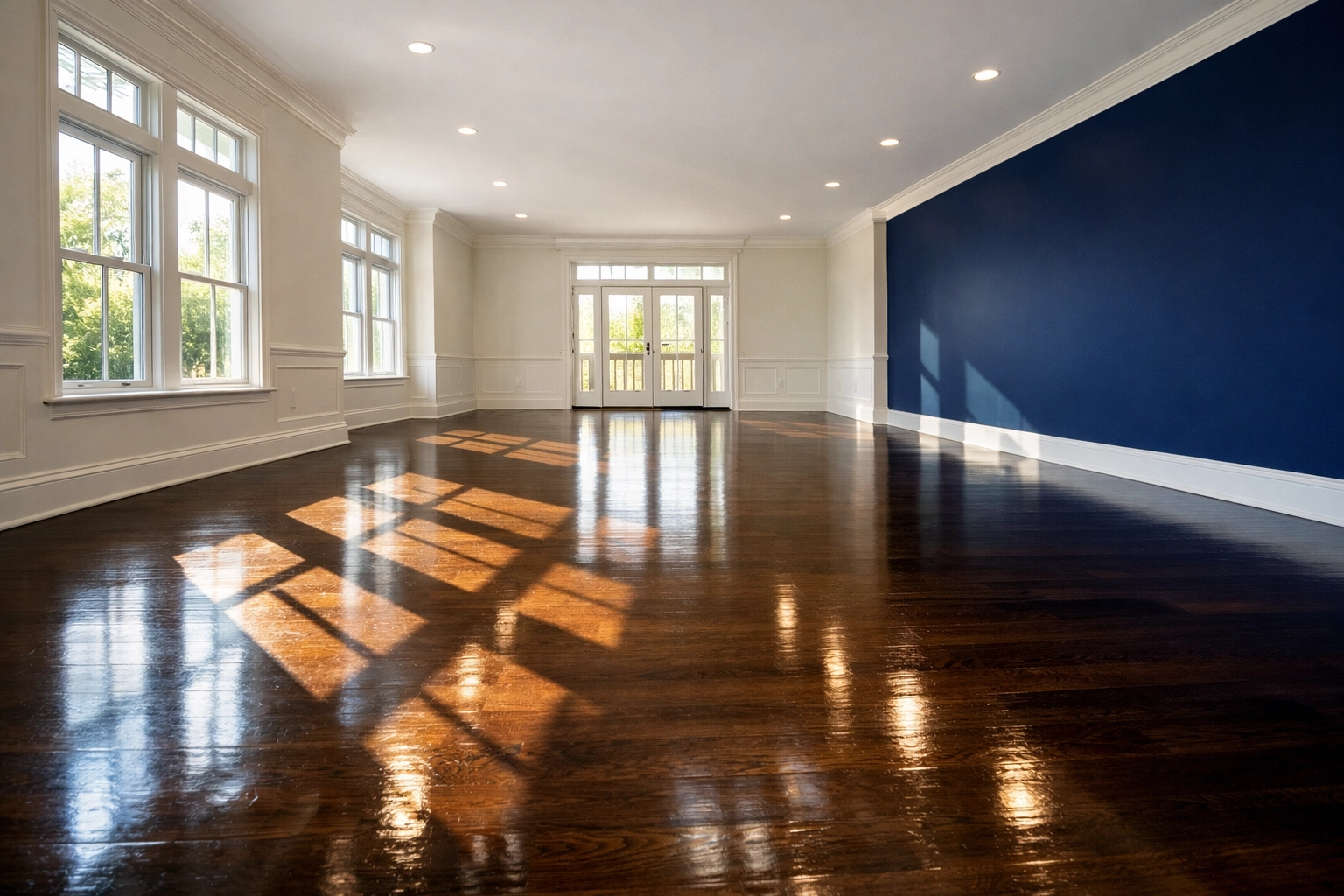 Empty living room with shiny wood floors highlighting a successful move-in/move-out cleaning Lowell.