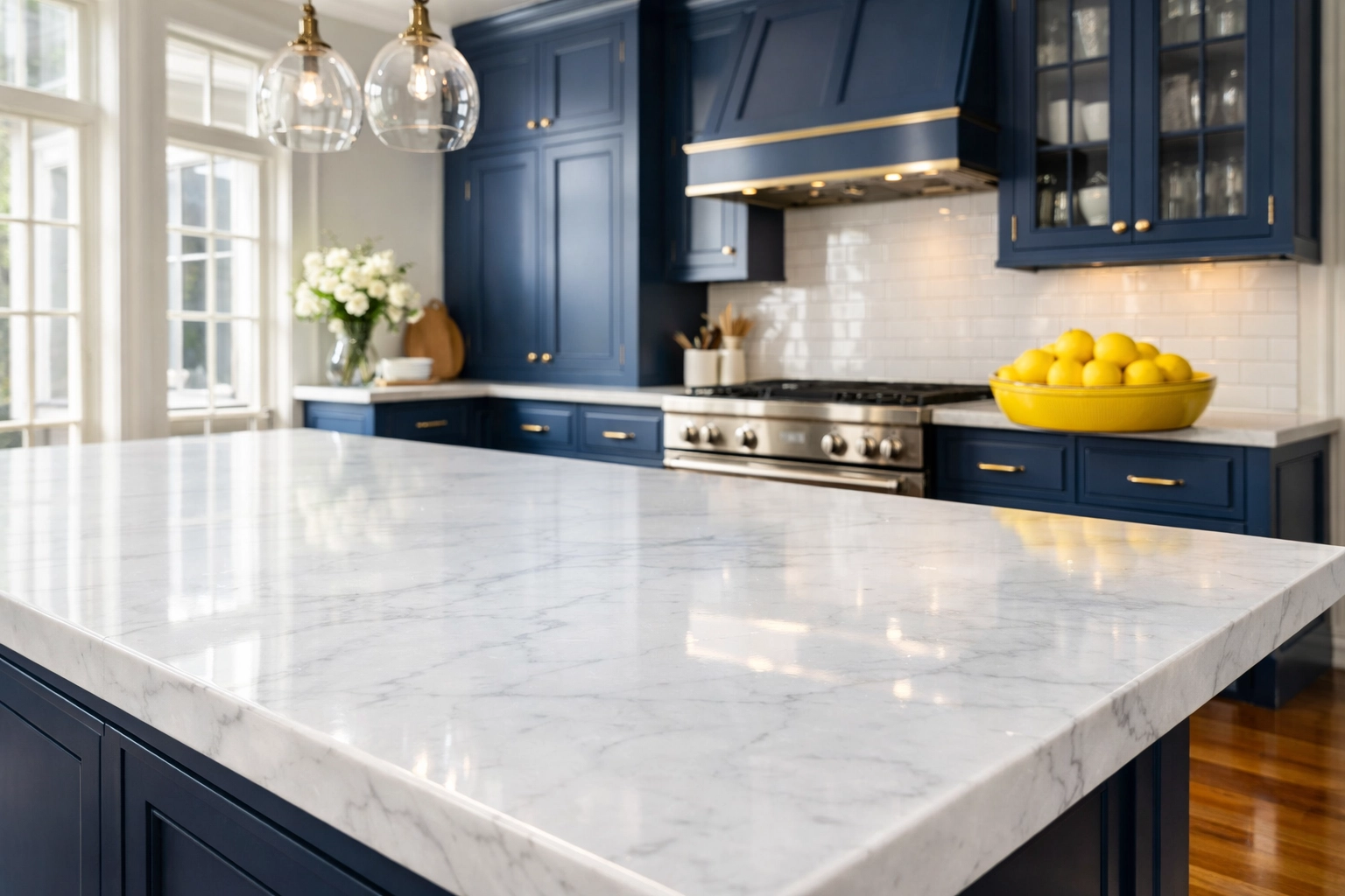 Pristine marble kitchen island in West Cambridge after a professional deep cleaning service.