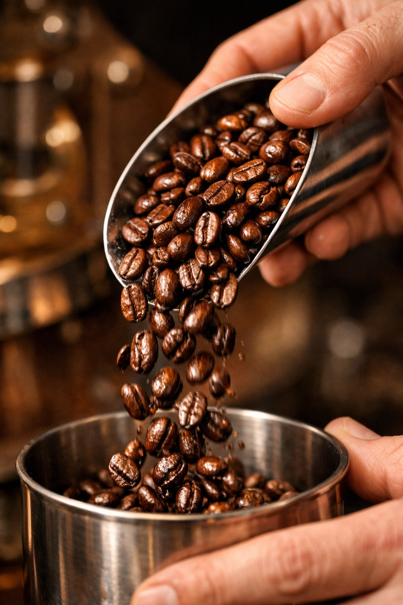 Freshly roasted specialty coffee beans being poured by a barista at a professional UK coffee roastery.