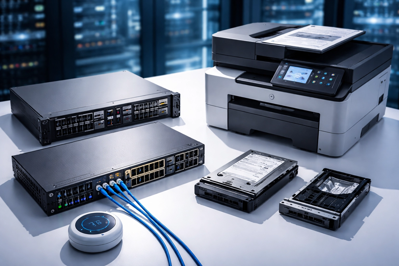 Variety of enterprise IT equipment including network switches and smart devices highlights hidden data storage risks in data center liquidation