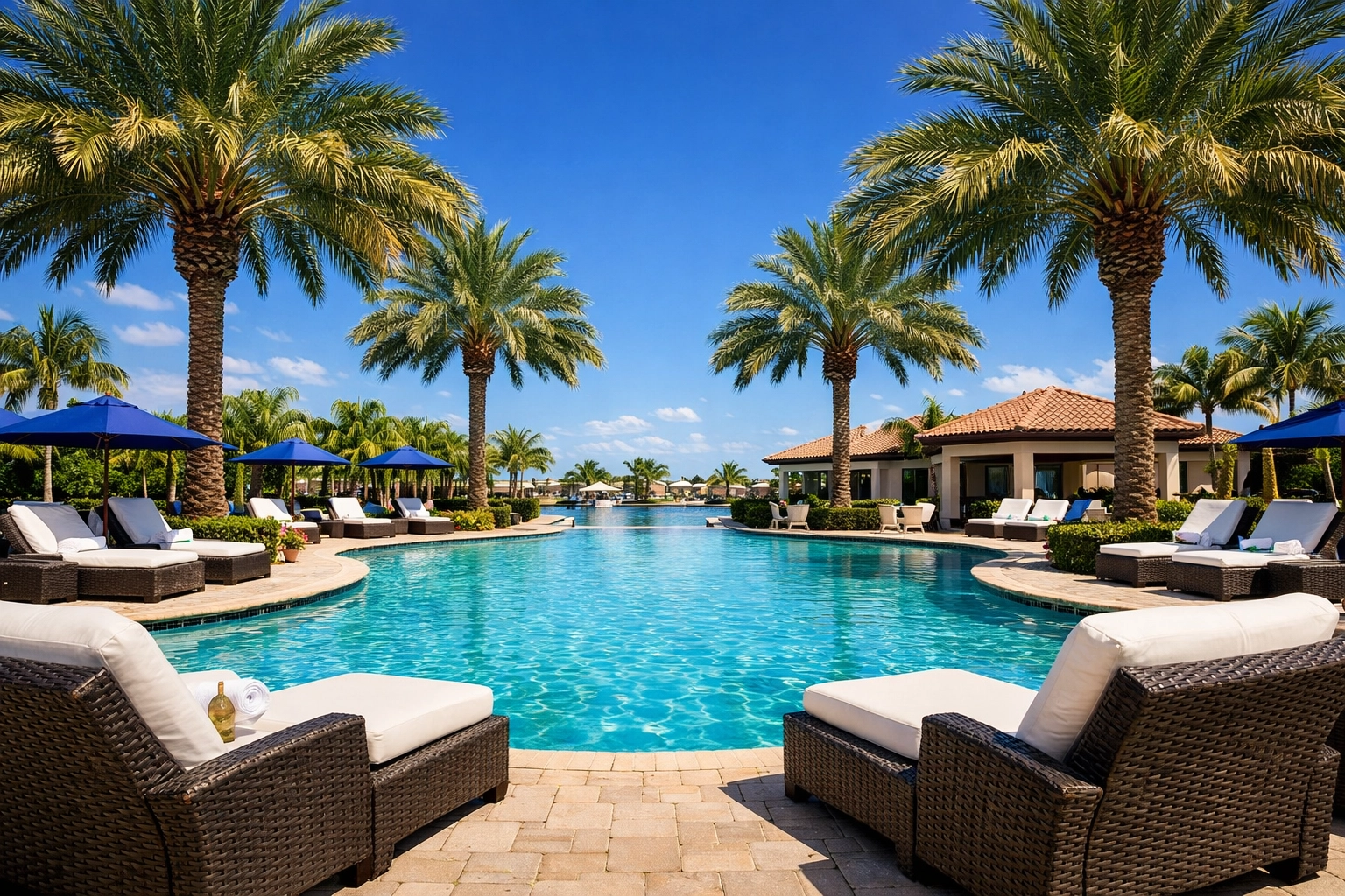 Upscale resort-style pool and palm trees in one of the many gated communities in Cape Coral Florida.
