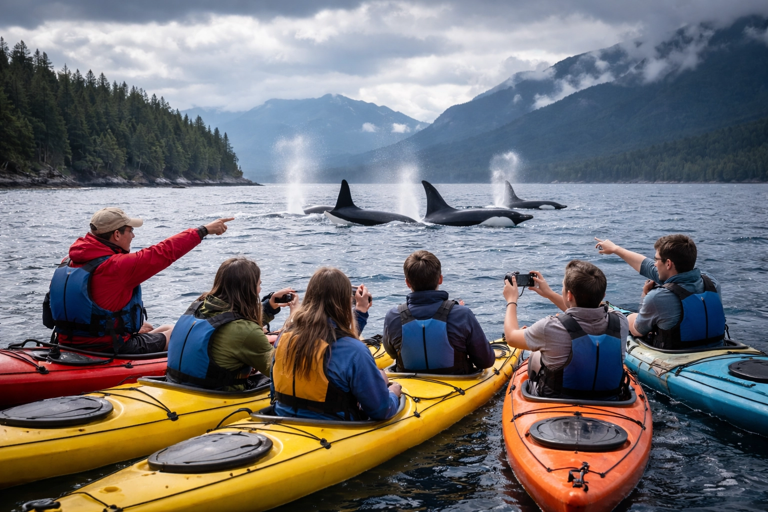 Students observe orca whales from kayaks in the Salish Sea during a Pacific Northwest educational tour