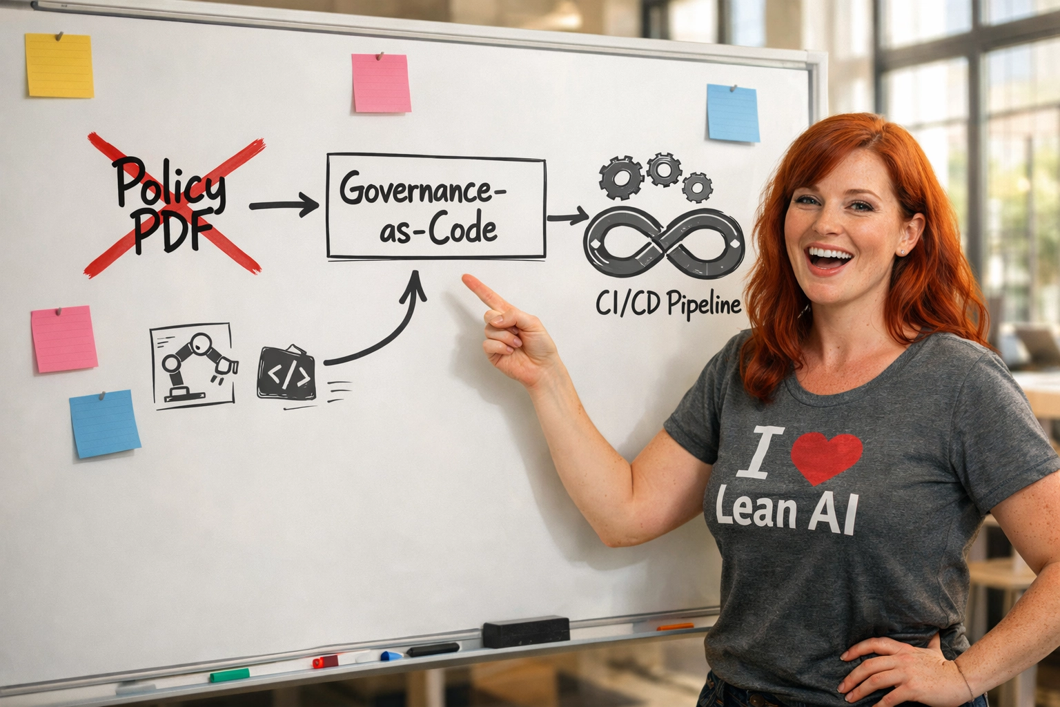 AI governance expert presenting governance-as-code framework replacing policy PDFs with CI/CD pipeline