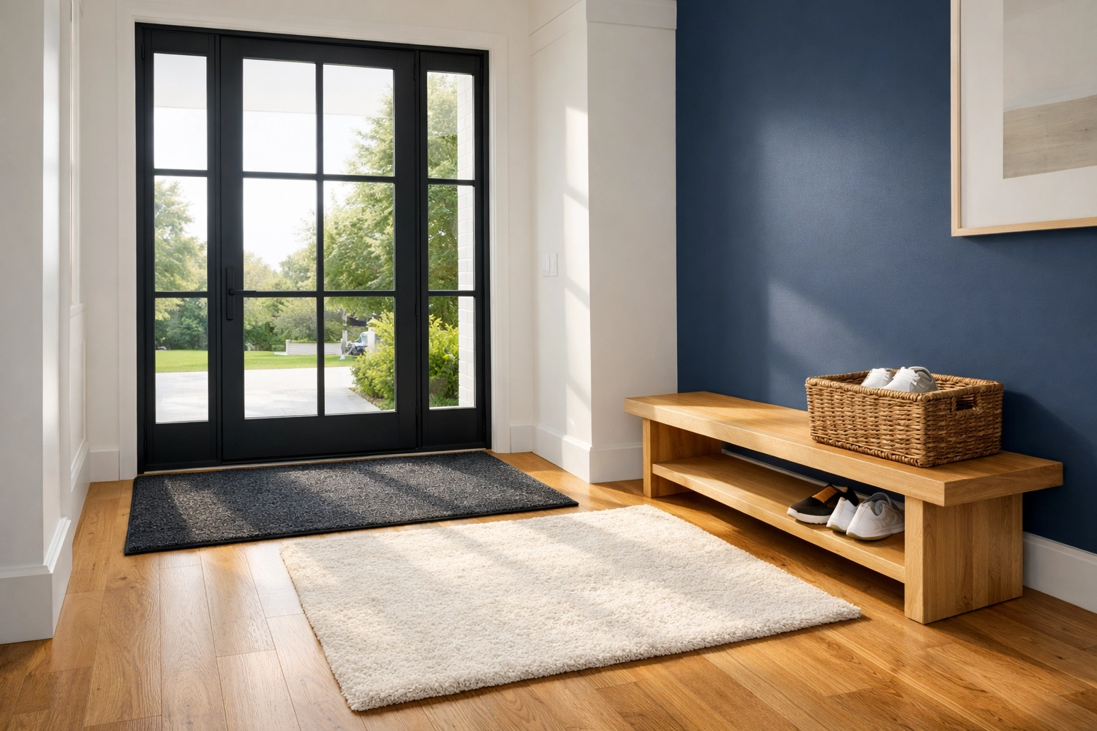 Clean luxury entryway with doormats and a shoe basket for house cleaning maintenance.