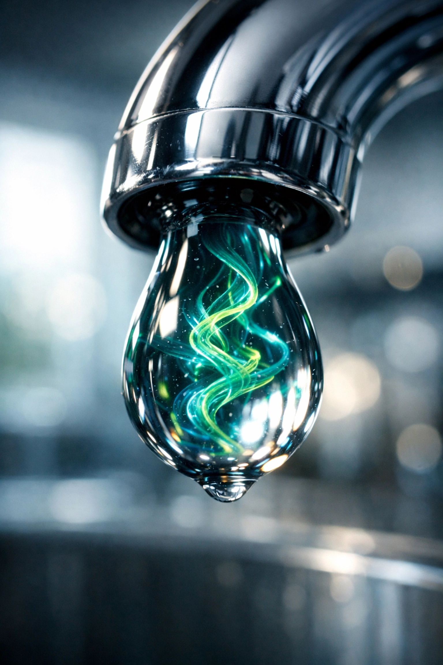 A water droplet on a kitchen faucet revealing hidden contaminants like lead and PFAS forever chemicals.