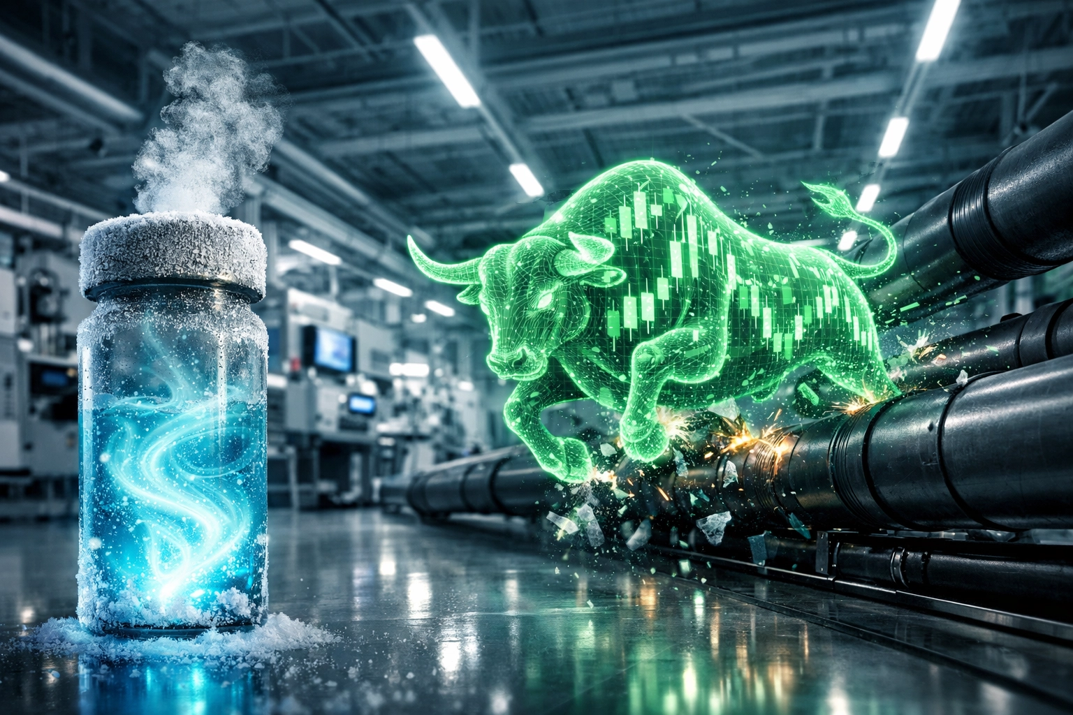 A holographic market bull in a chip cleanroom symbolizing resilience in Indian Stock Market News.