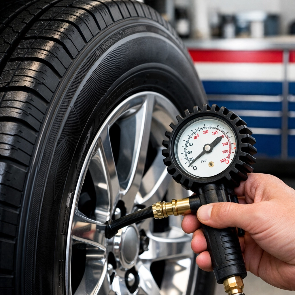 ASE-certified technician checking tire pressure to prevent pothole damage in Glen Burnie.