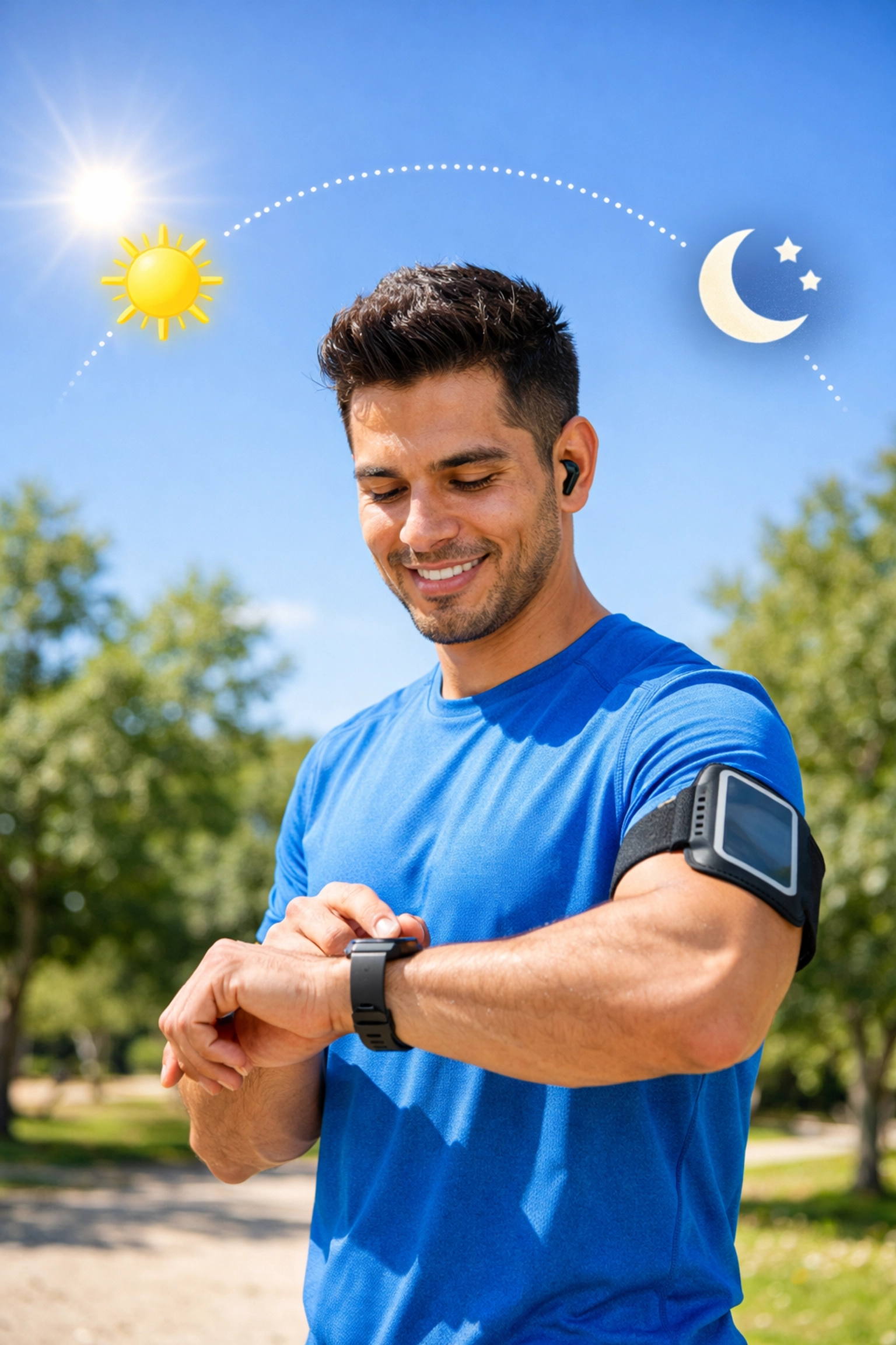 Man monitoring fitness and health outdoors with activity tracker