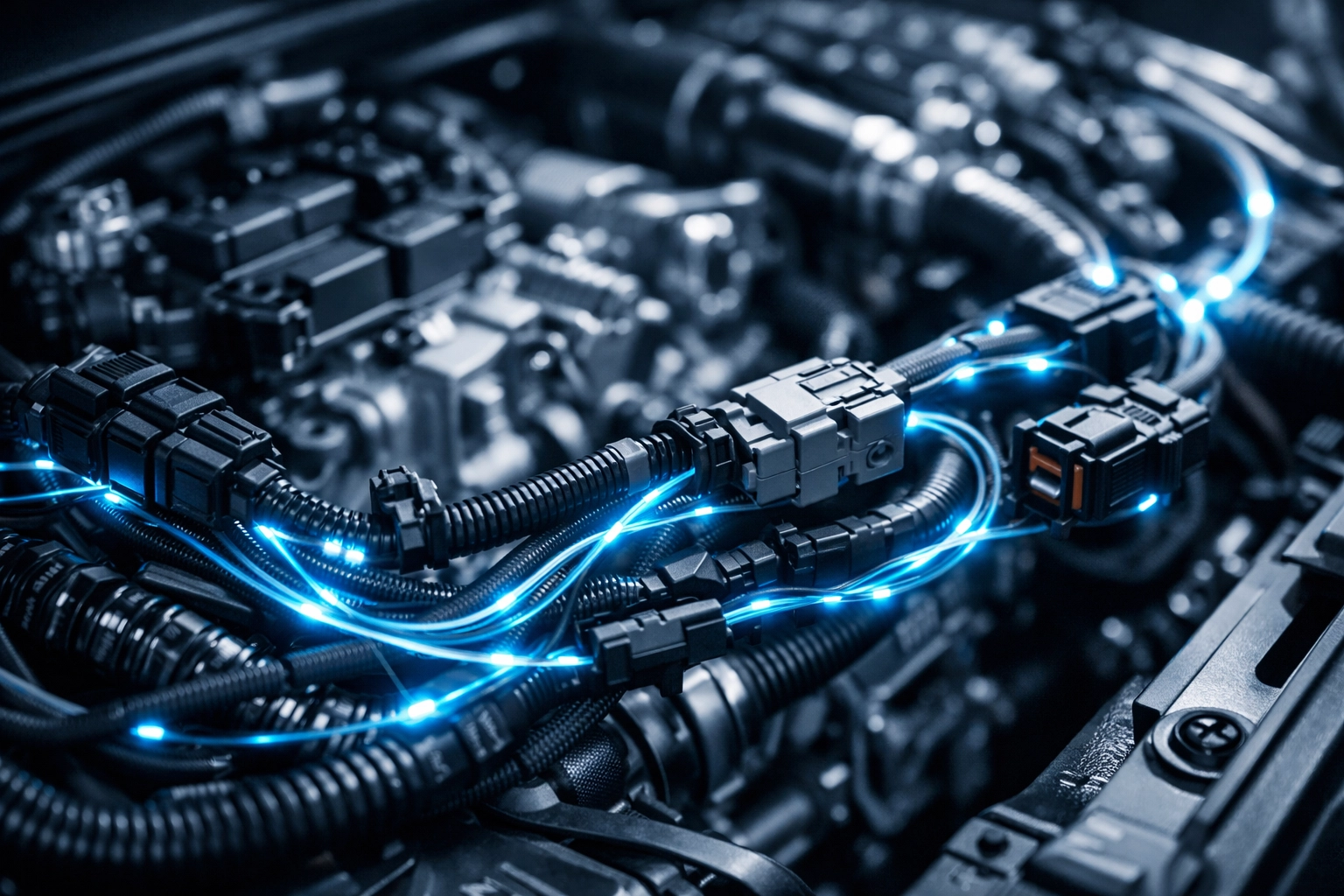 Modern car electrical wiring harness showing complex data flow for Hamilton auto diagnostics.