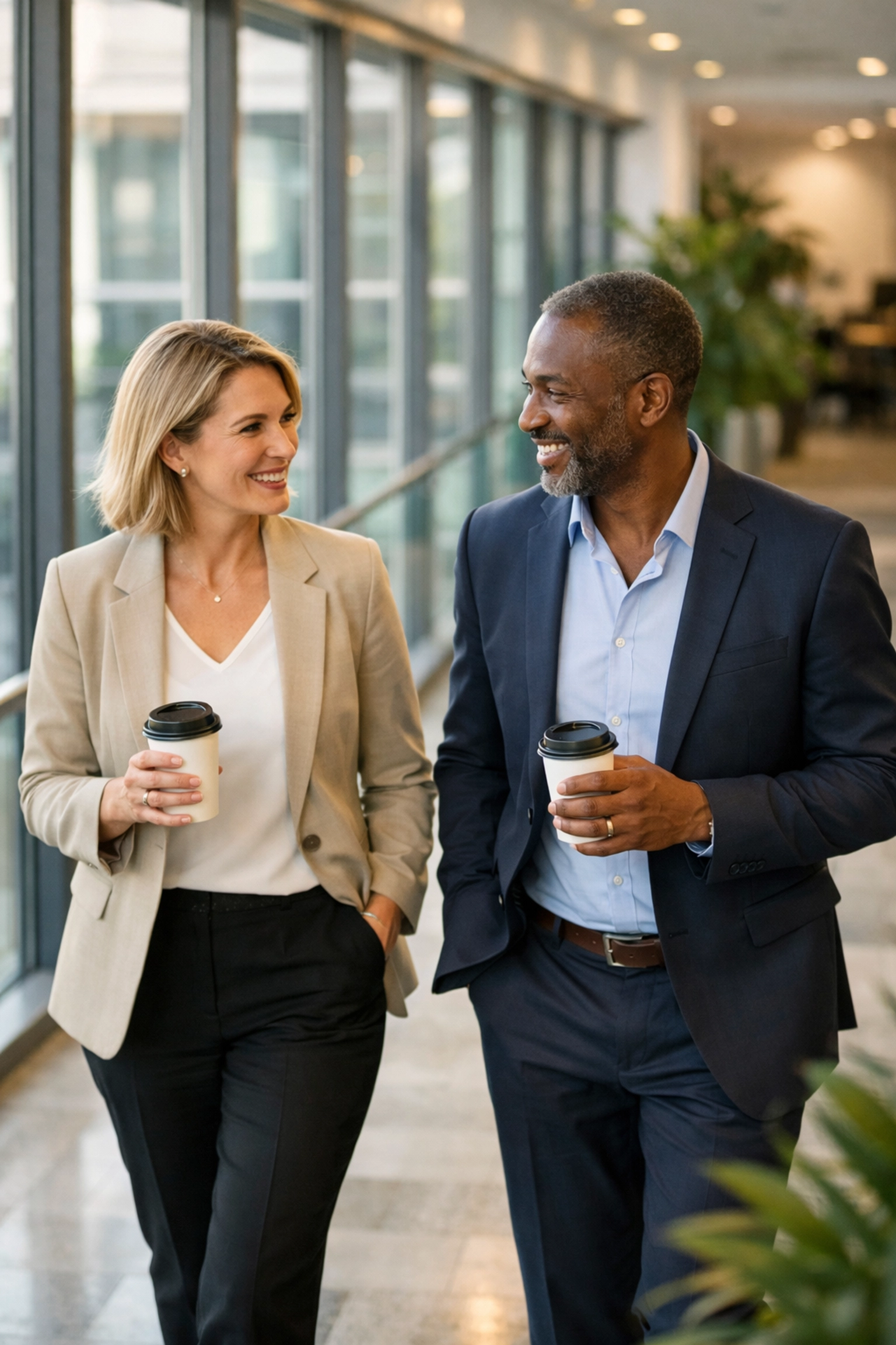 Two business professionals having a 15-minute coffee walk to reduce workplace stress