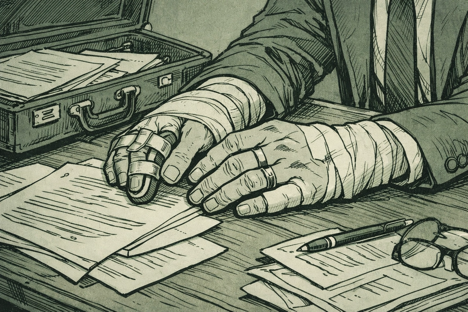 Injured lawyer's bandaged hands rest on legal documents - broken trust in gay romance fiction