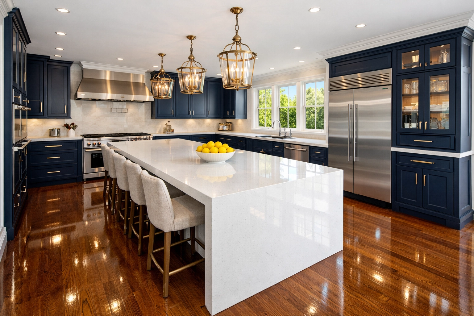 Spotless luxury kitchen with white quartz island after high-quality Shrewsbury Estate Maintenance.