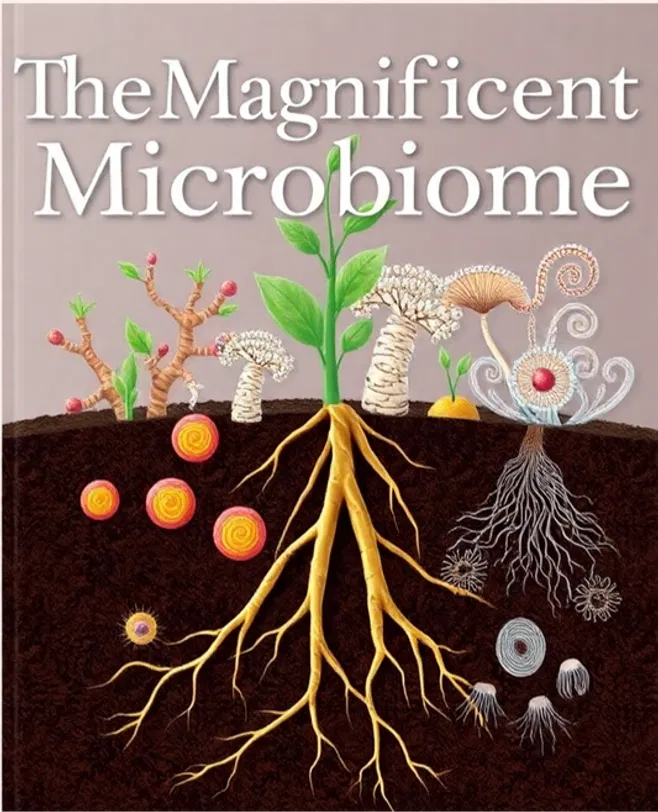 Illustrated cross-section of healthy soil microbiome and root interactions
