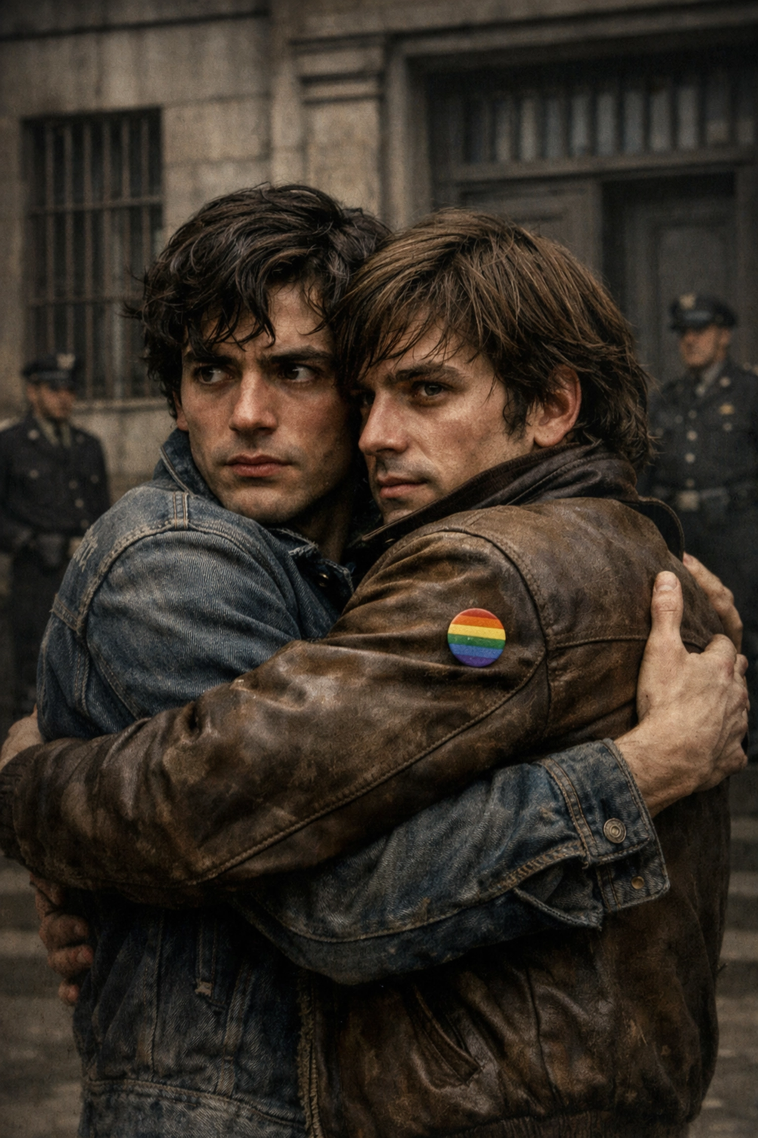 Two gay men embrace in 1970s Barcelona defying Franco-era anti-LGBTQ+ laws