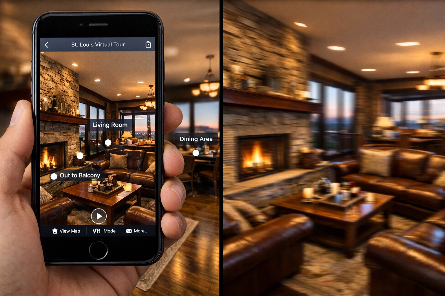 Side-by-side comparison of 3D virtual tour and video walkthrough on mobile devices in St. Louis home