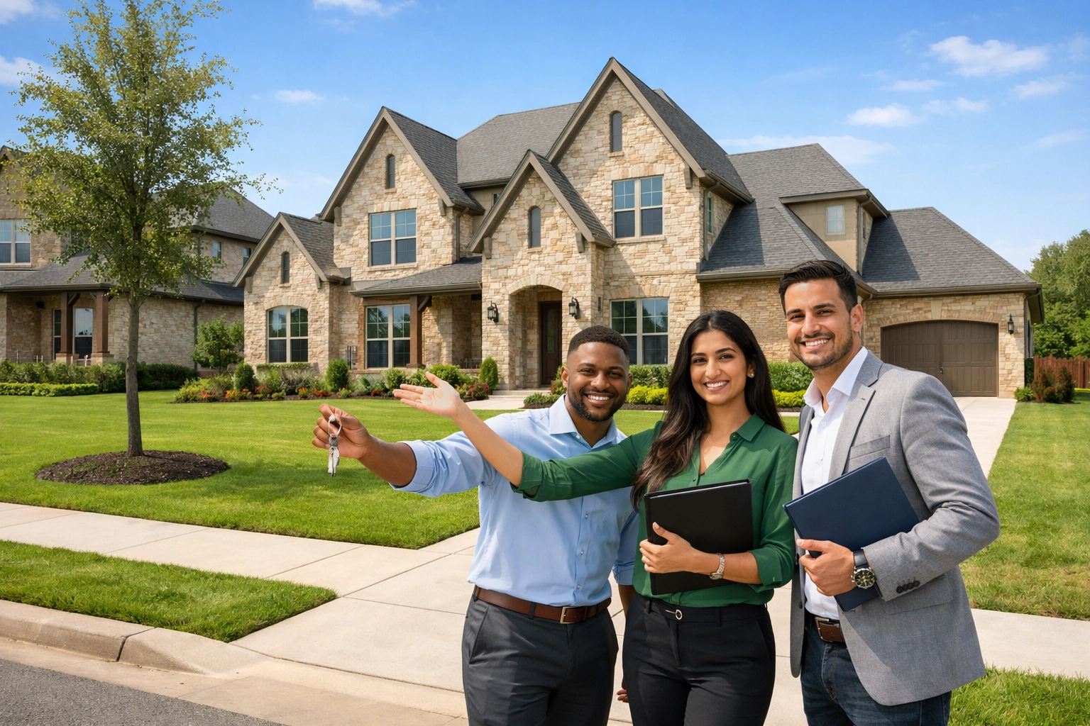 Diverse investors in front of high-yield new construction Dallas Fort Worth property in Eagles Crossing.