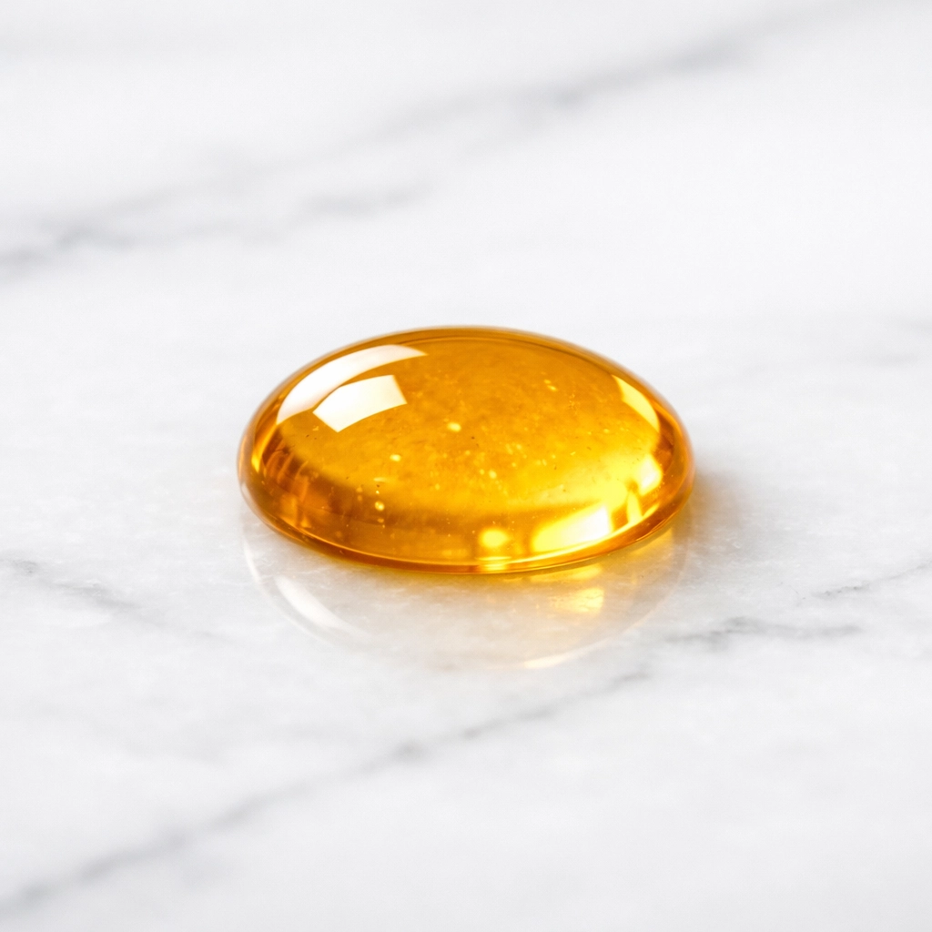 A single drop of honey on a marble countertop, a common food source that attracts ants to kitchen surfaces.