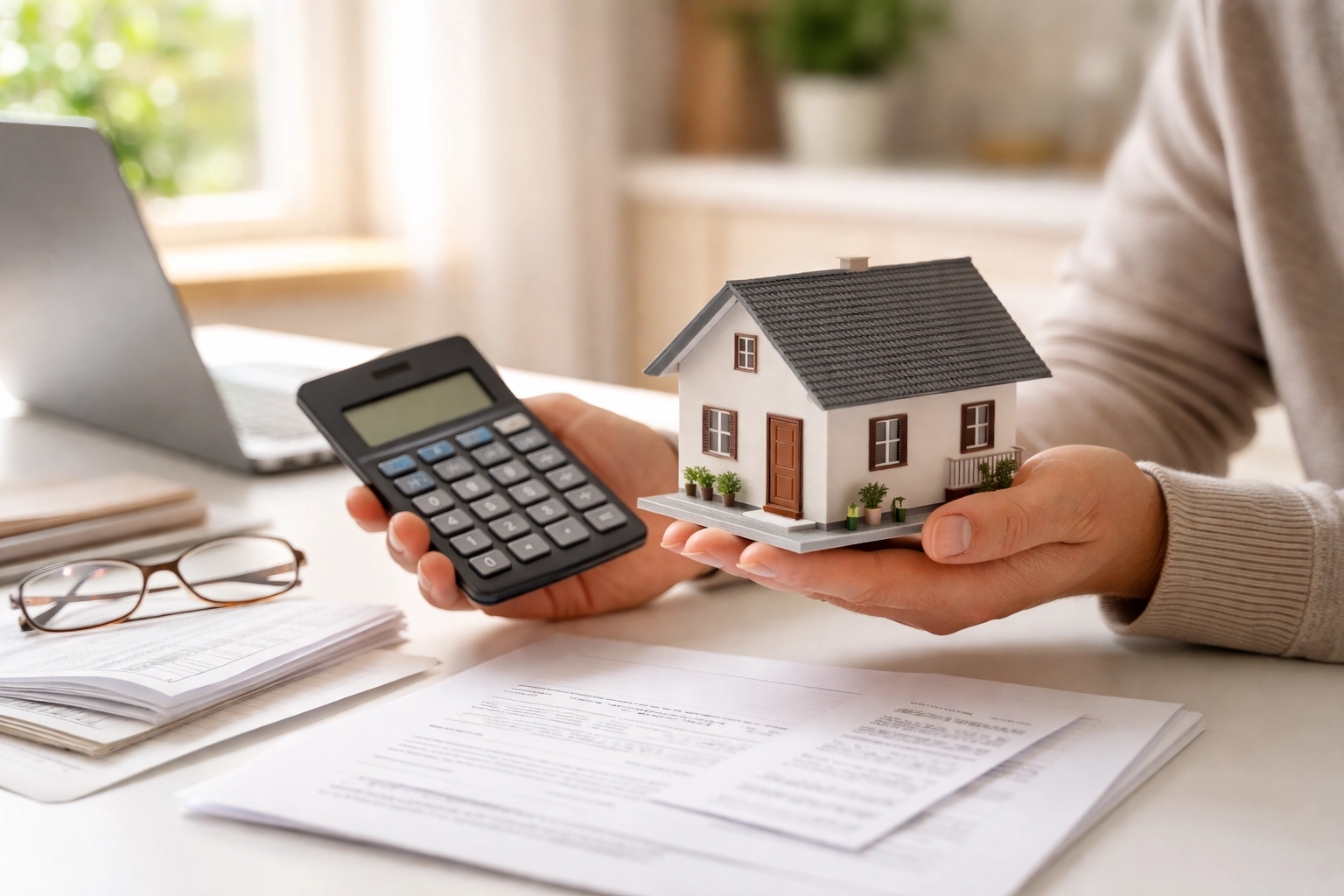 Homeowner holding a house model and calculator at a kitchen table with rental property tax paperwork and receipts