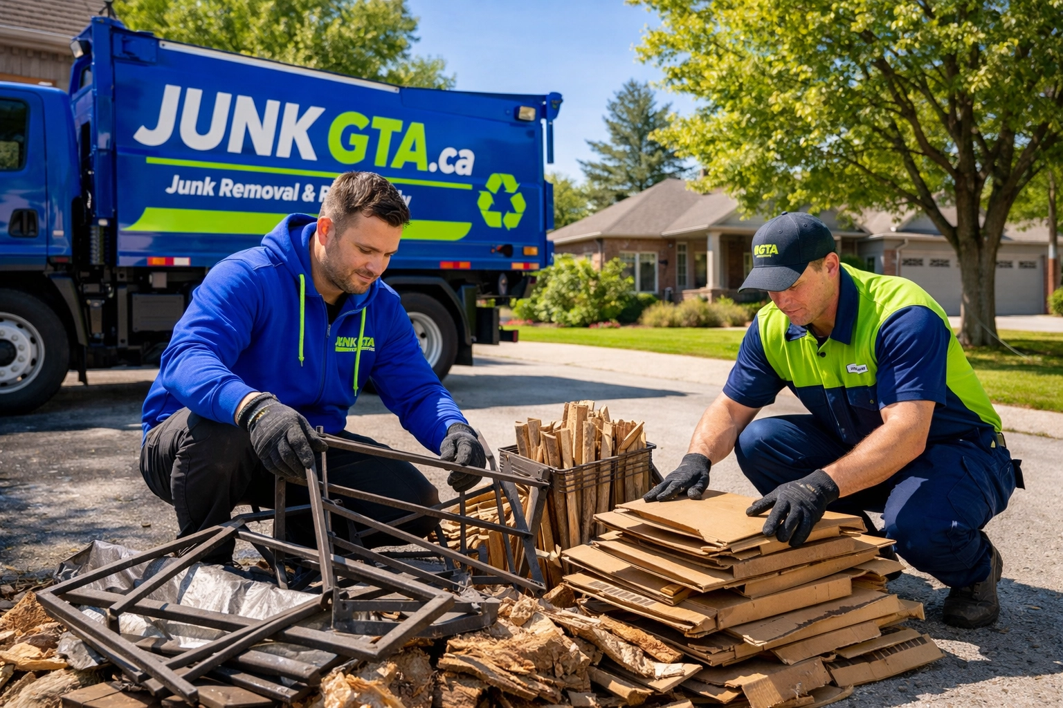 Roman and Junk GTA crew sorting seasonal debris for eco-friendly removal in a Simcoe County driveway.
