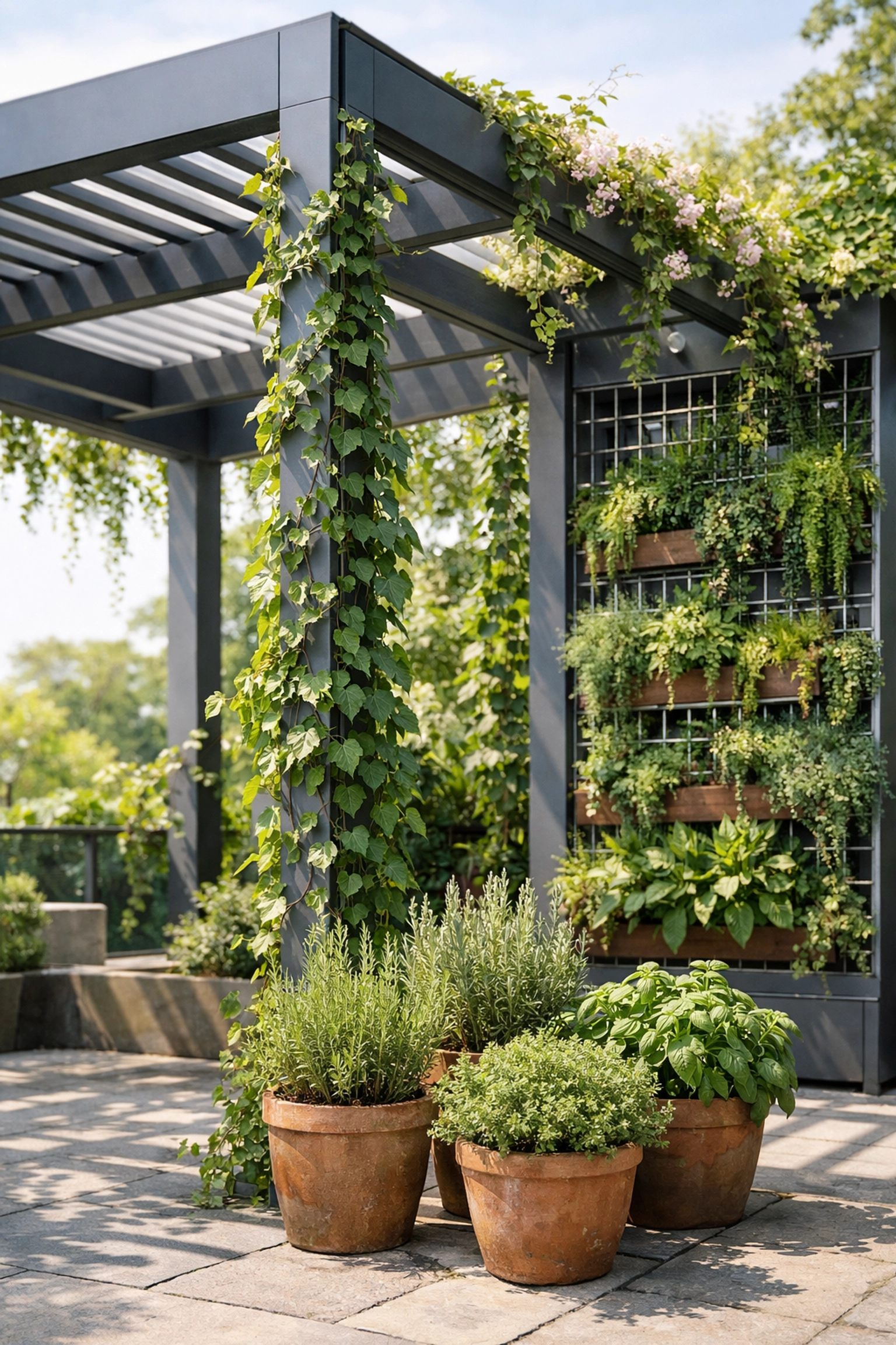 Pergola Wien mit Kletterpflanzen und vertikalem Garten in natürlicher Umgebung