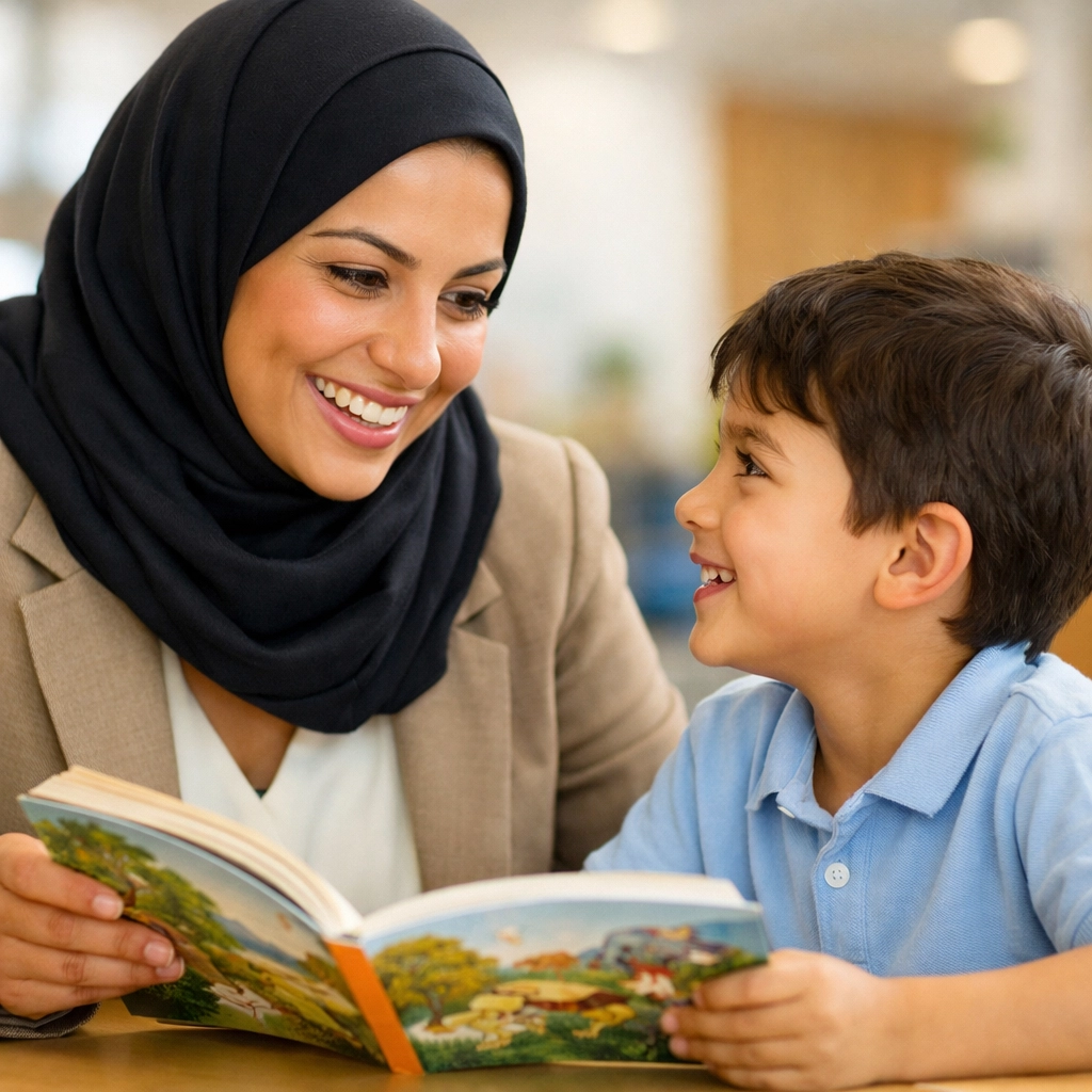 A native teacher interacting with a student, highlighting the power of language immersion for mental agility.