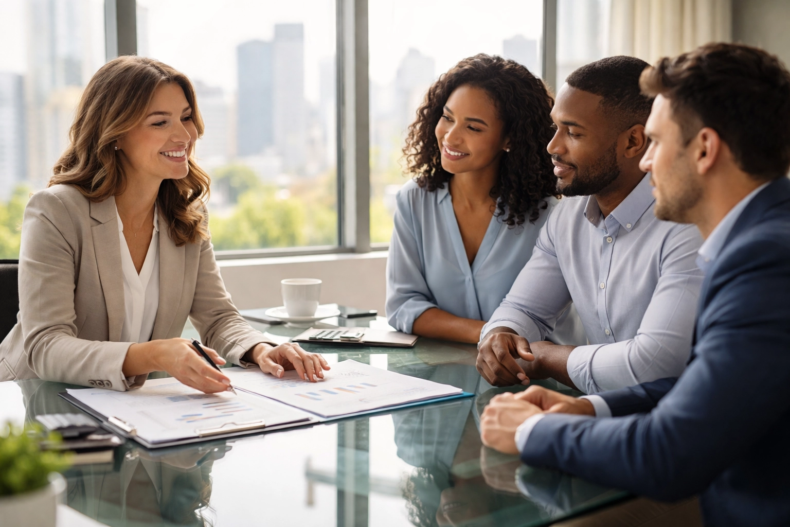 Business insurance advisor meeting clients to discuss professional and general liability coverage options