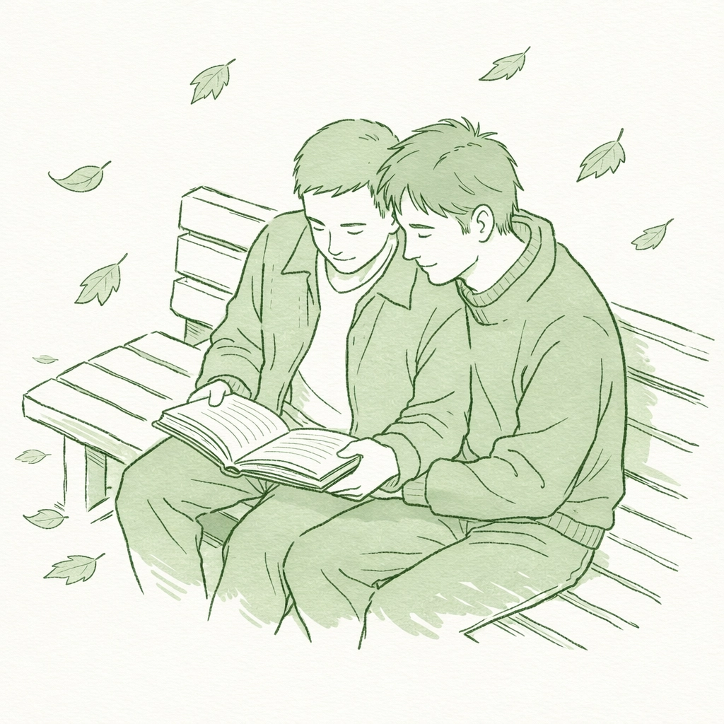 Gay couple reading together on park bench - MM romance book club moment