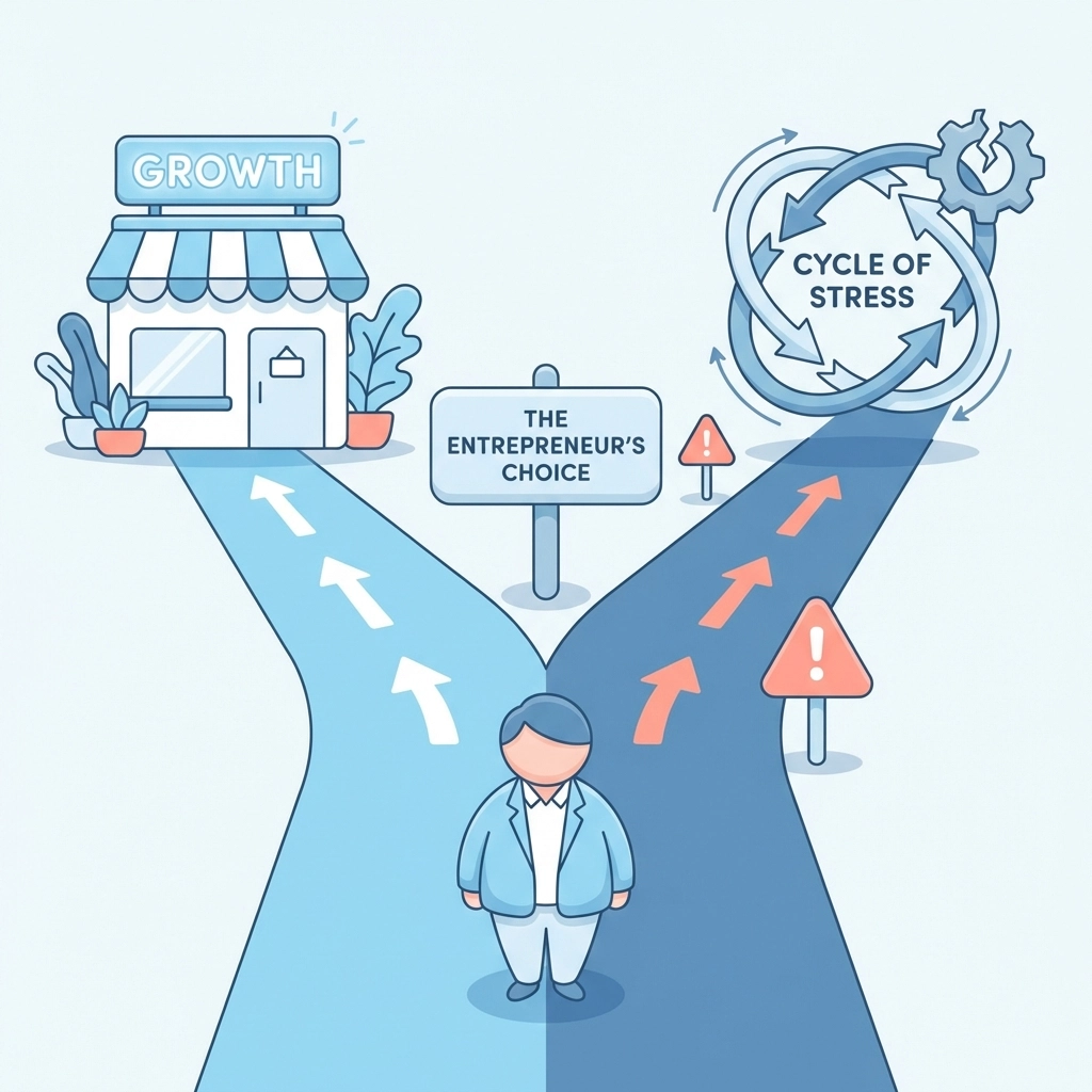 Business owner at a crossroads deciding between business growth and debt cycles, symbolizing MCA choice.