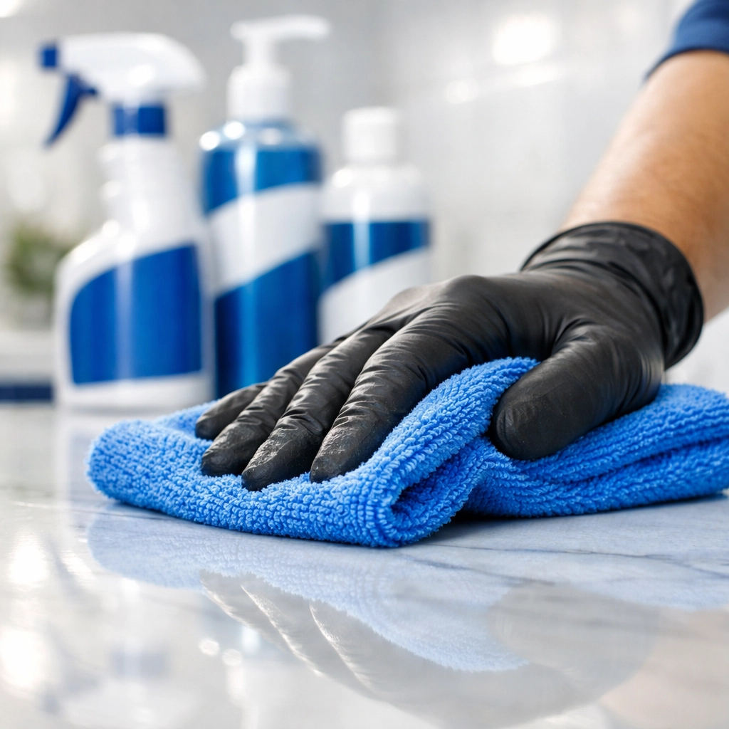 Eco-friendly house cleaning Pepperell MA techniques used on a white marble countertop with microfiber.