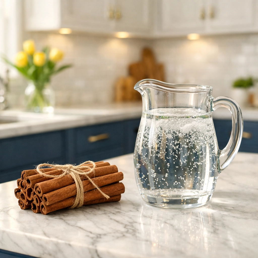 A bundle of natural cinnamon sticks tied with twine on a white marble kitchen counter for eco-friendly home fragrance.