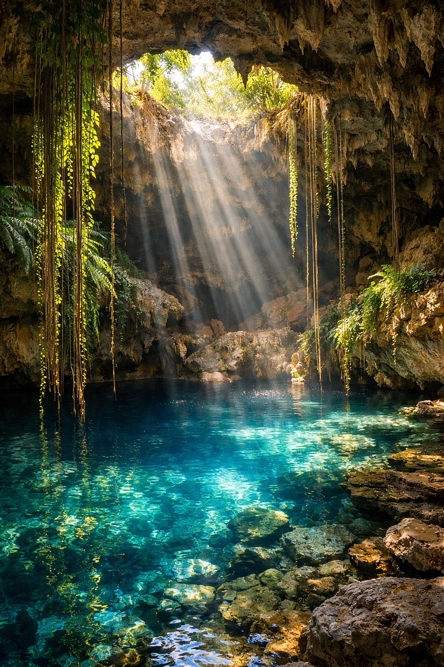 Sunlight streaming into a crystal-clear Riviera Maya cenote surrounded by lush tropical jungle greenery.