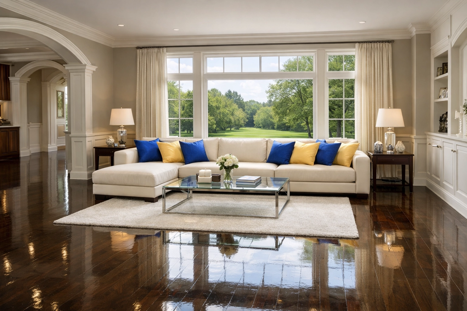 A spotless Dover estate living room featuring polished floors from regular residential cleaning Massachusetts.