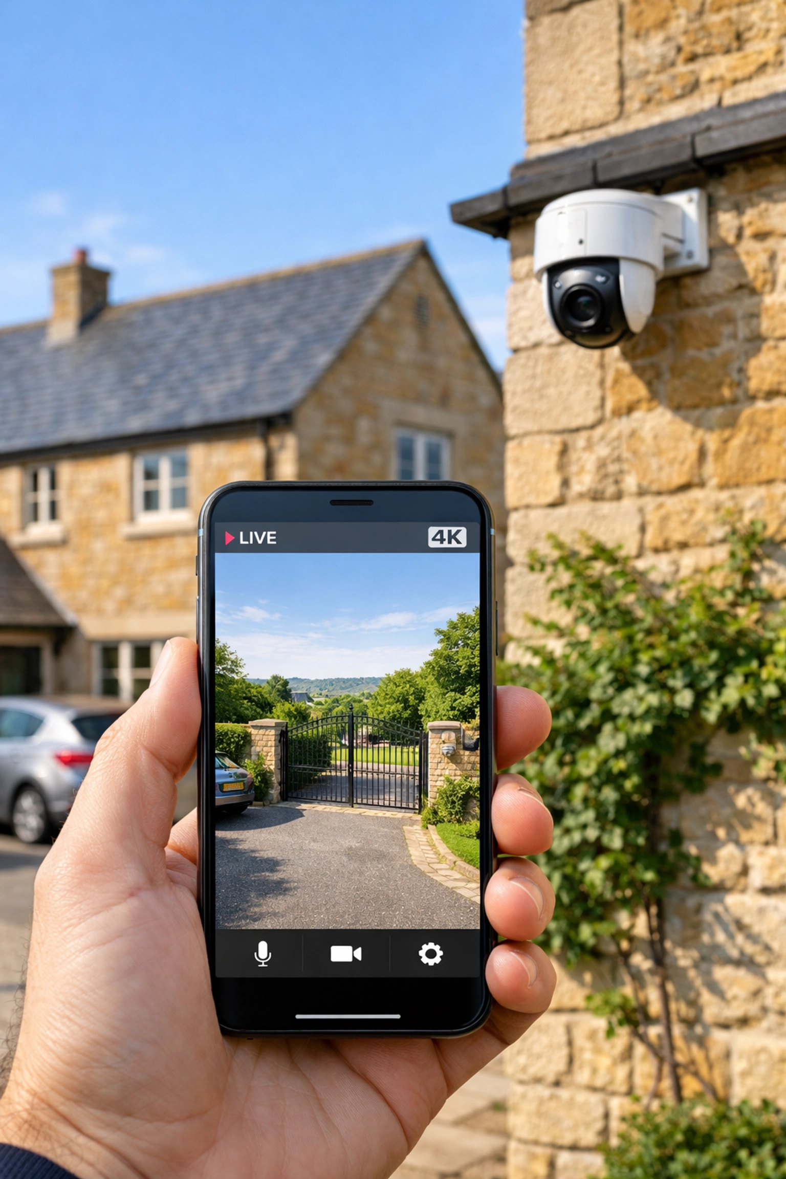 Smartphone displaying a 4K live CCTV feed from a professional home security system in Wincanton.