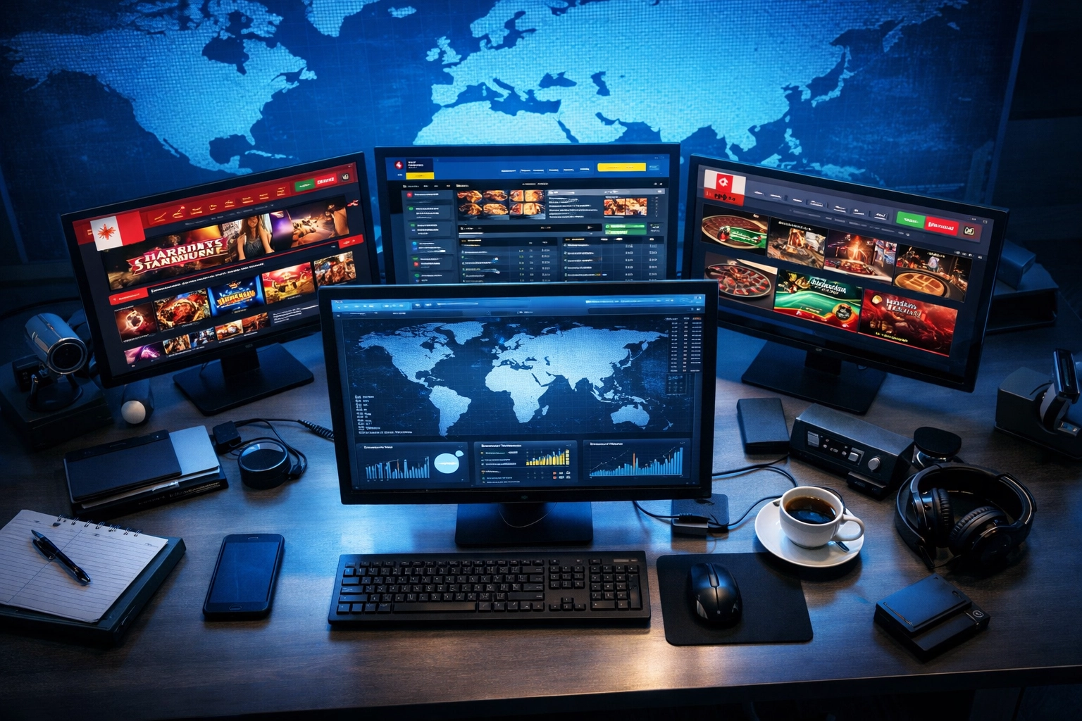 Mehrere Monitore mit internationalen Offshore-Wettplattformen aus Malta, Curacao und Gibraltar