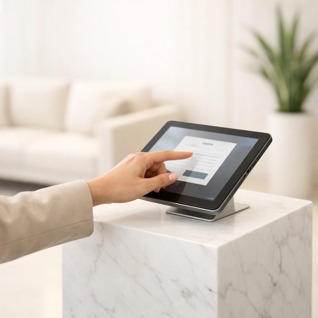 Guest using a modern self-check-in kiosk on a marble pedestal for a frictionless lobby experience.