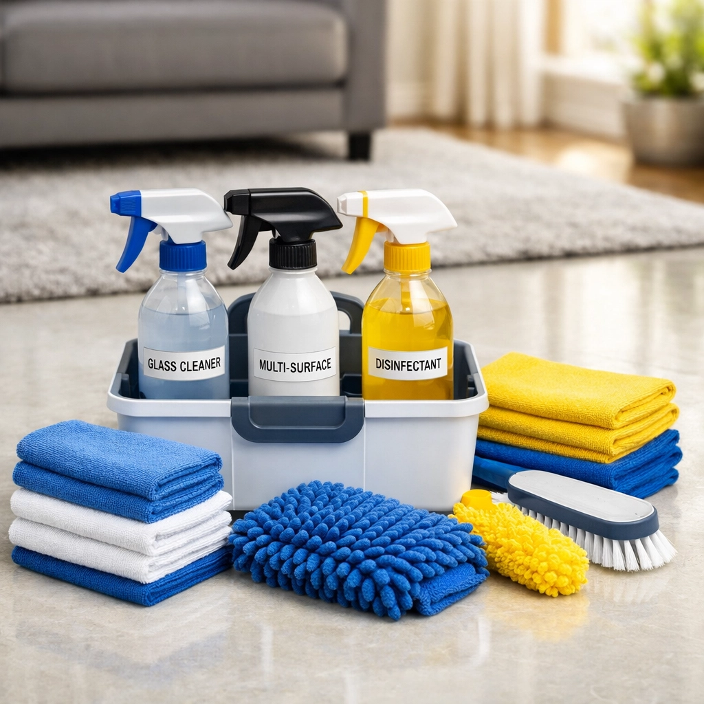 Standardized cleaning tool kit used by professional house cleaning services MA to ensure quality.