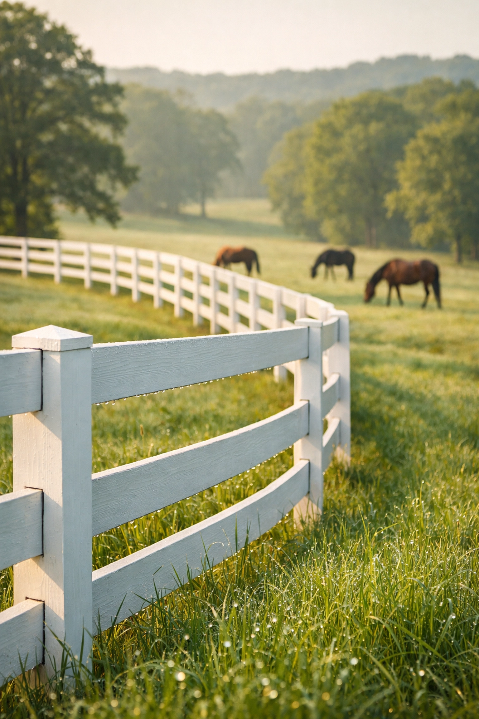 White board fence and green pastures with grazing horses at North Carolina horse farm