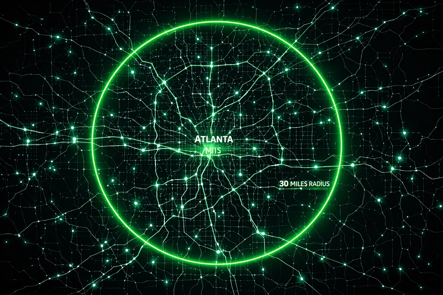 Digital map highlighting a 30-mile service radius for professional Atlanta plumbing services.
