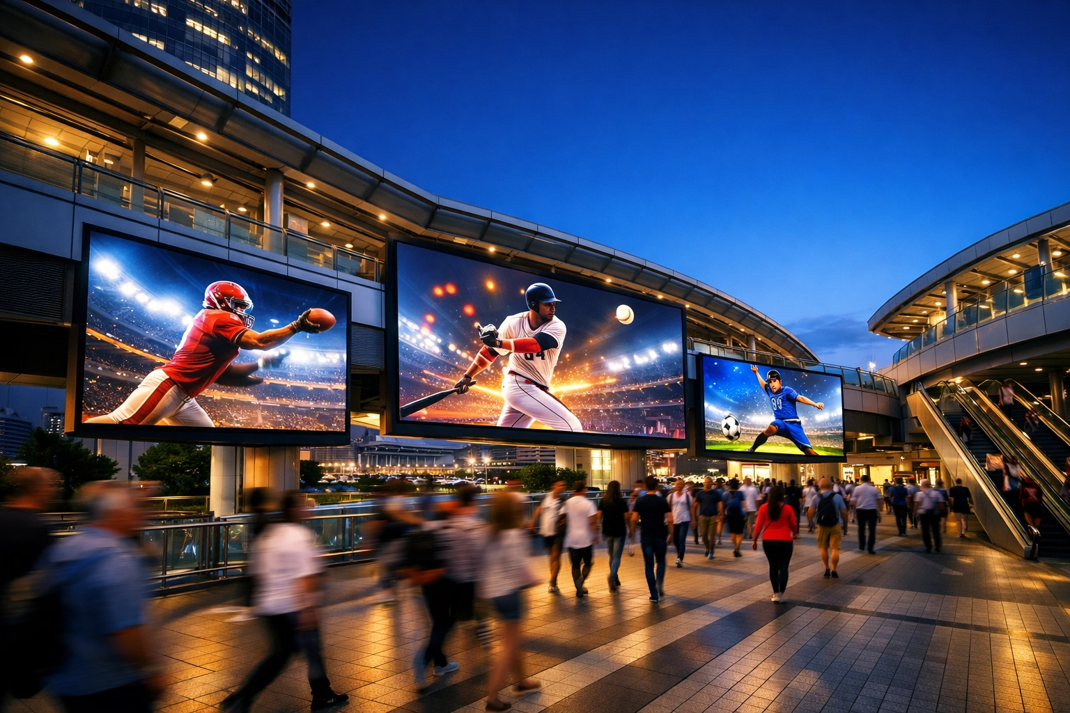 Digital OOH screens in a busy urban transit hub near a stadium displaying sports advertising at night.