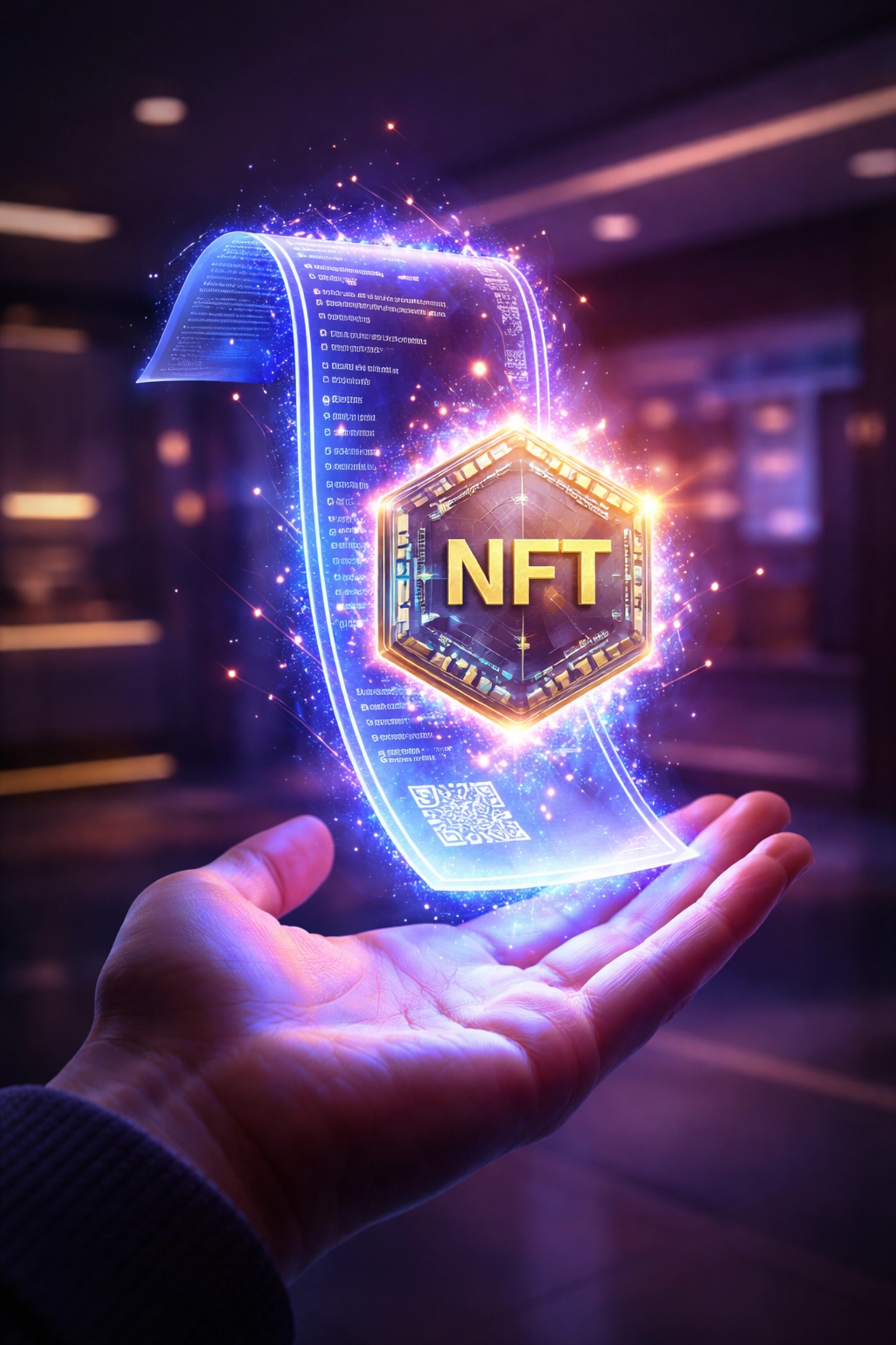 A glowing NFT receipt represents blockchain-verified proof of purchase in Web3 payments with Larecoin.