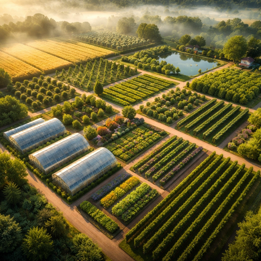 Aerial view of a diverse investment garden symbolizing asset class diversification