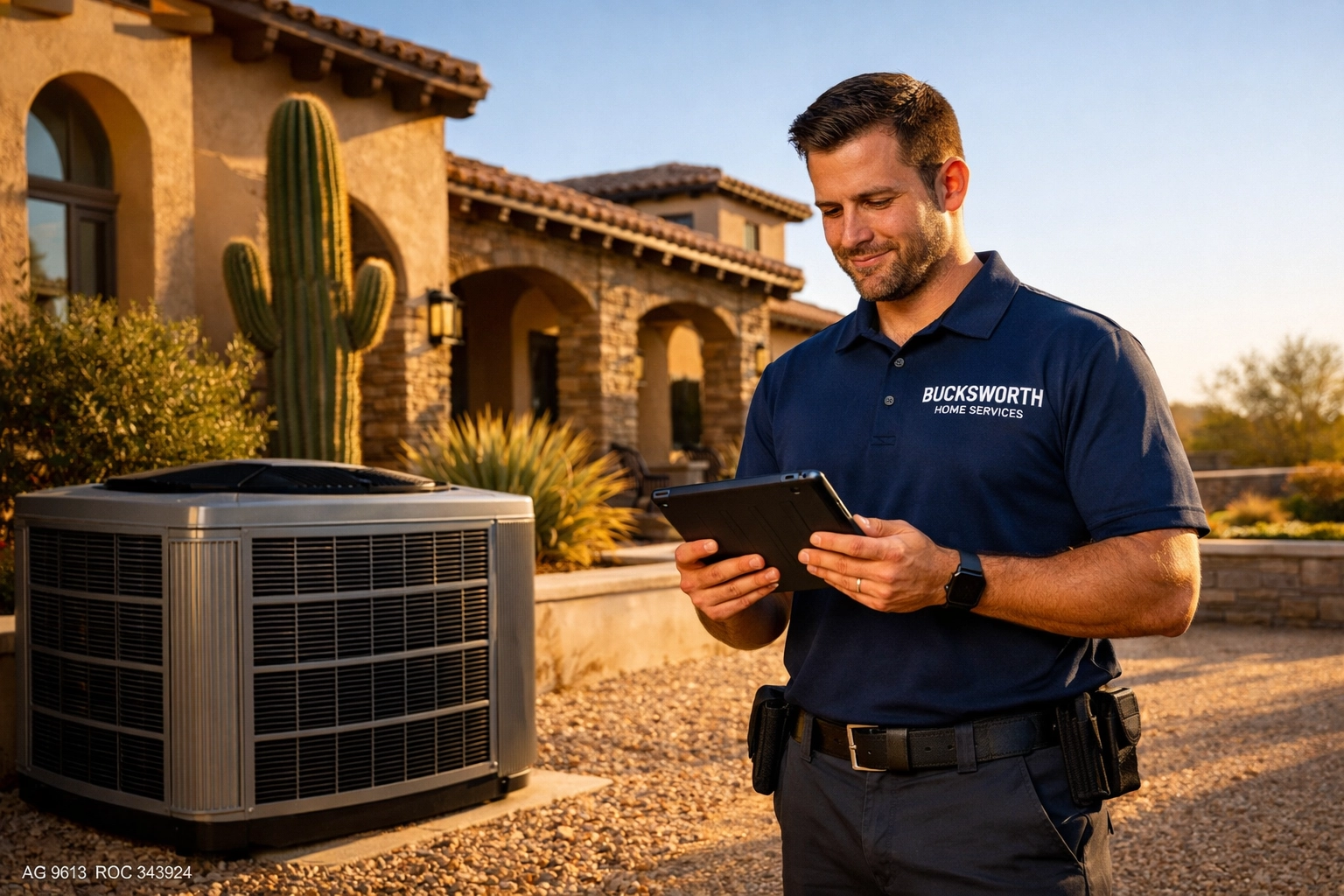 Bucksworth technician inspecting a residential cooling unit for reliable AC maintenance in Scottsdale.