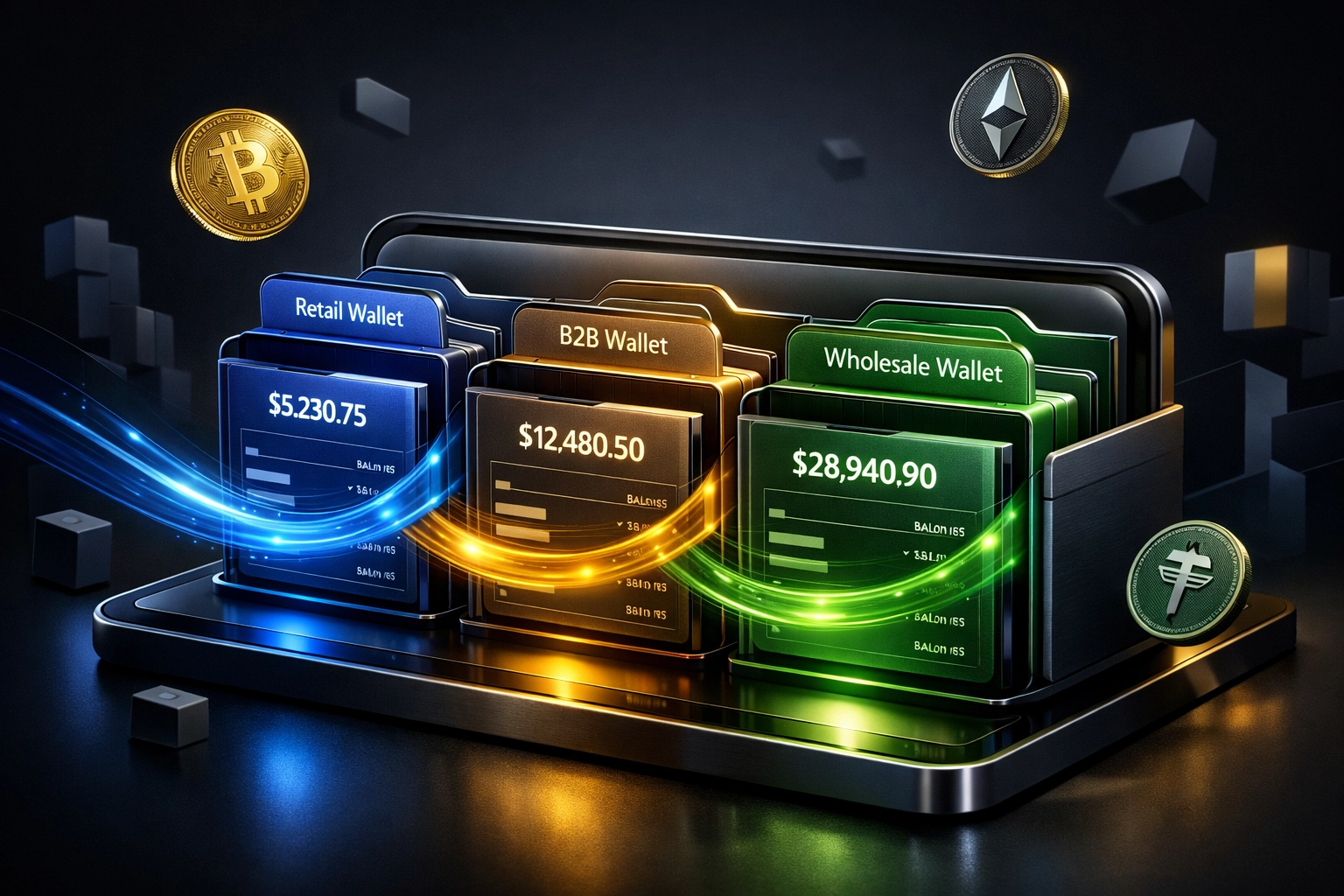 Organized crypto wallet structure with categorized sub-wallets for retail, B2B, and wholesale payments