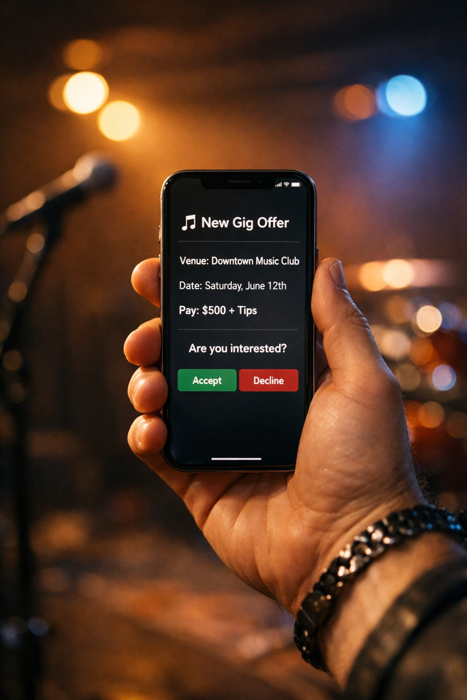 Musician receiving new gig offer notification on smartphone from booking app